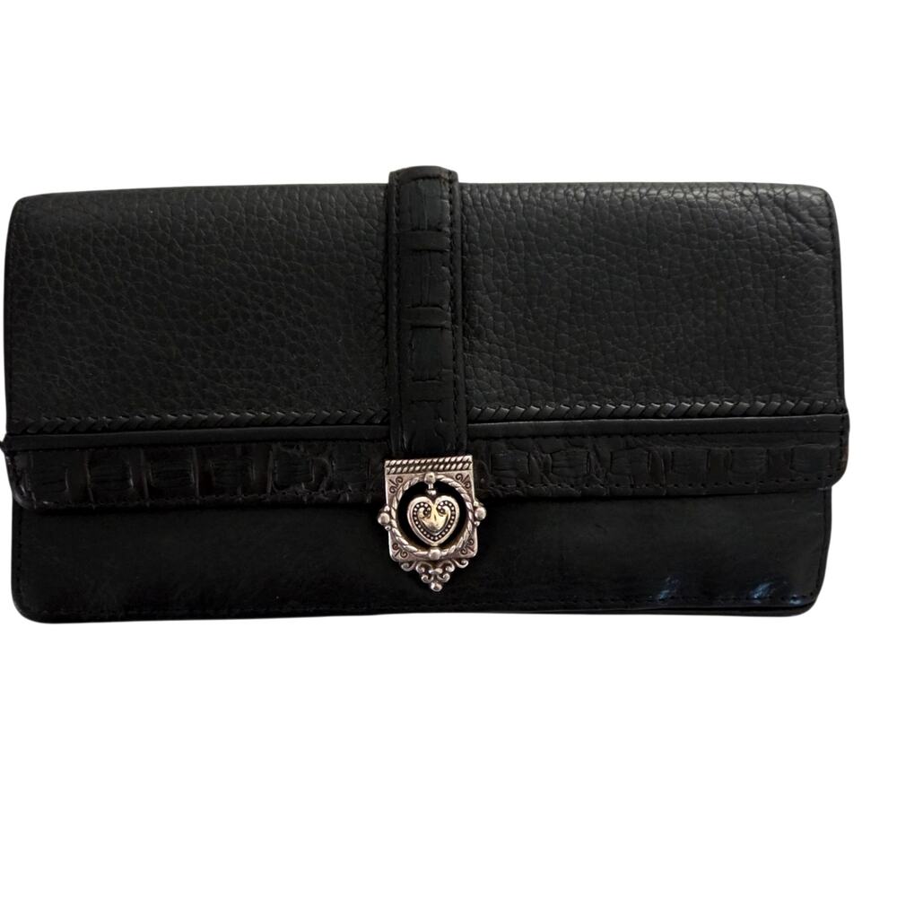 Vintage Brighton Croc Embossed Tri-Fold Black Leather Wallet Gothic Heart Clasp